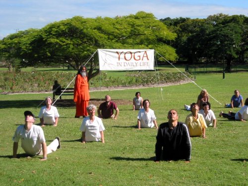 Yoga in Brisbane park with Swamiji