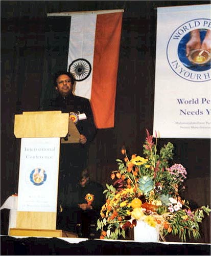 H.E.T.P. Sreenivasan, Ambassador of India to Austria, at the speaker\'s podium