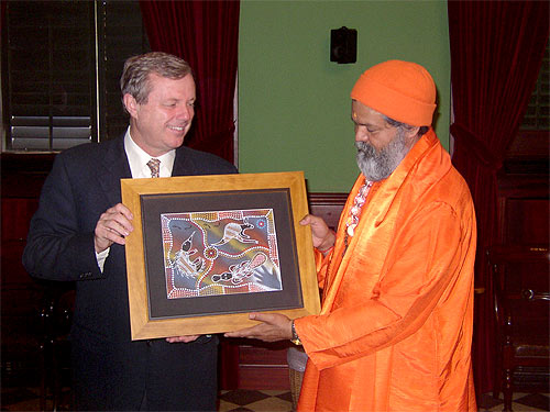 The Premier gave His Holiness Swamiji an authentic Australian Aboriginal handcrafted picture